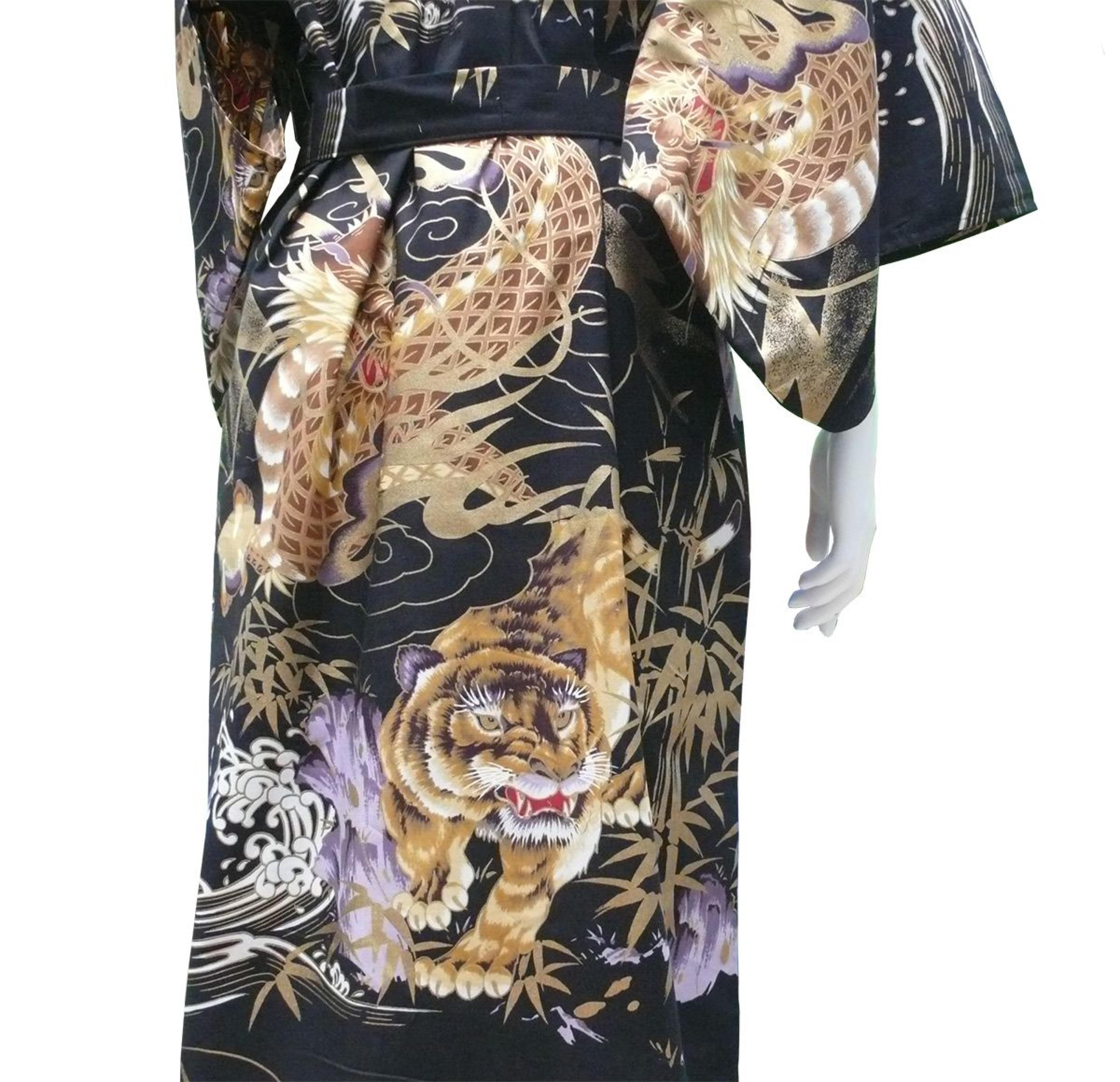 Damen Kimono Morgenmantel Drachen Tiger schwarz-braun